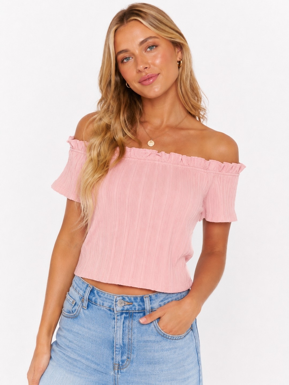 Code x Mode Pink Off-The-Shoulder Ribbed Ruffle Knit Crop Top Shirt
